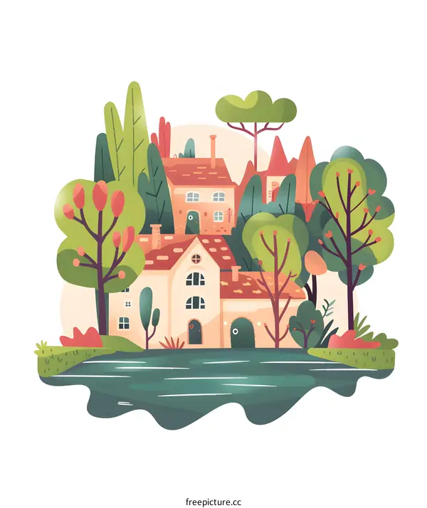 Cartoon Illustration of Houses Surrounded by Trees Near a River