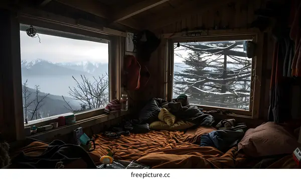 Cozy Cabin With Mountain View And Person Sleeping On Bed