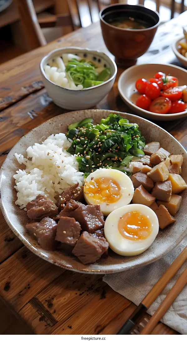Japanese Food, Rice, Beef, Egg, Tofu, Meal