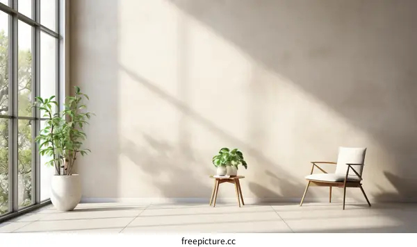 Modern interior of living room with large windows and beige walls