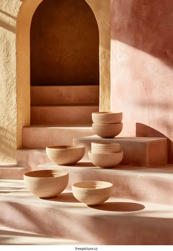 Ceramic Bowls on Pink Steps in a Minimalist Setting