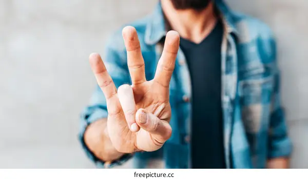 Close Up Male Caucasian Hand Showing Three Fingers
