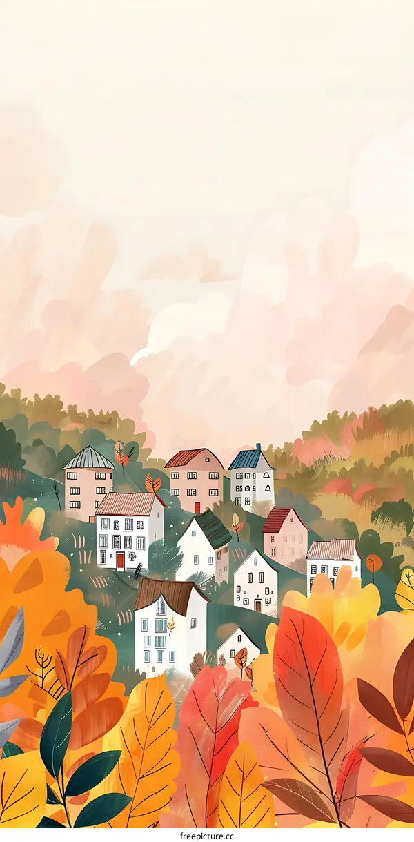 Autumn Village Landscape Illustration