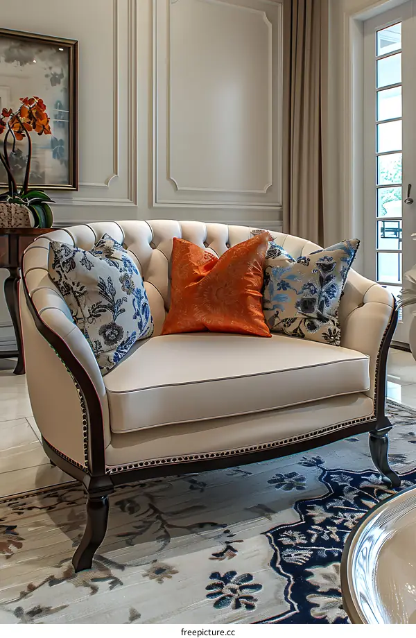 A luxurious cream colored settee with matching pillows and throw pillows in a formal living room with a patterned area rug and dark wood framed oil painting of orange flowers in a silver frame on an end table.
