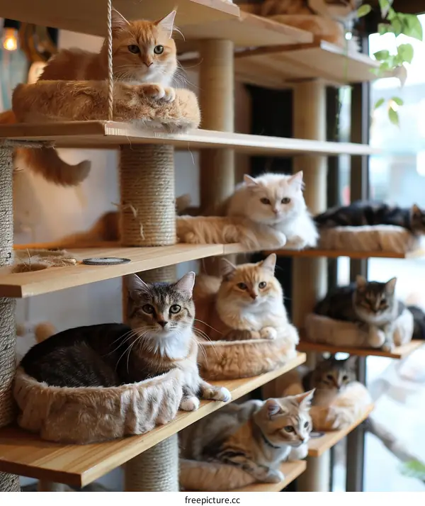 A group of cats resting on a wooden cat tree