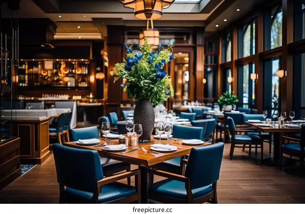 Elegant Restaurant Interior with Blue Floral Centerpieces