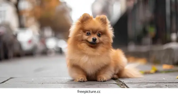 Orange Pomeranian Puppy Dog Sitting on Sidewalk Looking Away