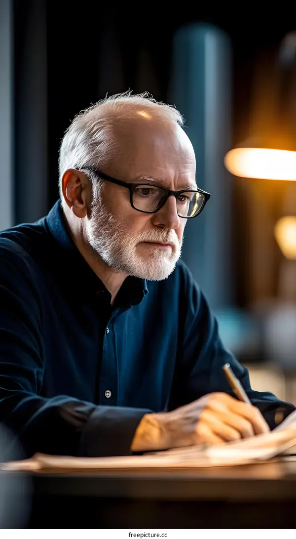 Senior Man with Gray Hair and Beard Writing in Notebook