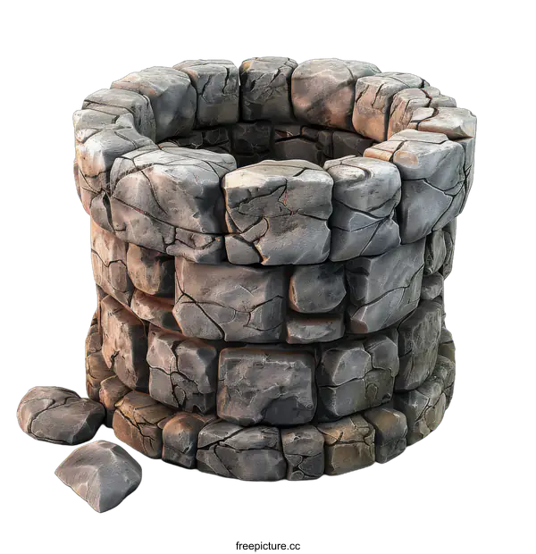 [Transparent Background PNG]A stone well rendered in 3D with a broken piece laying in front of it
