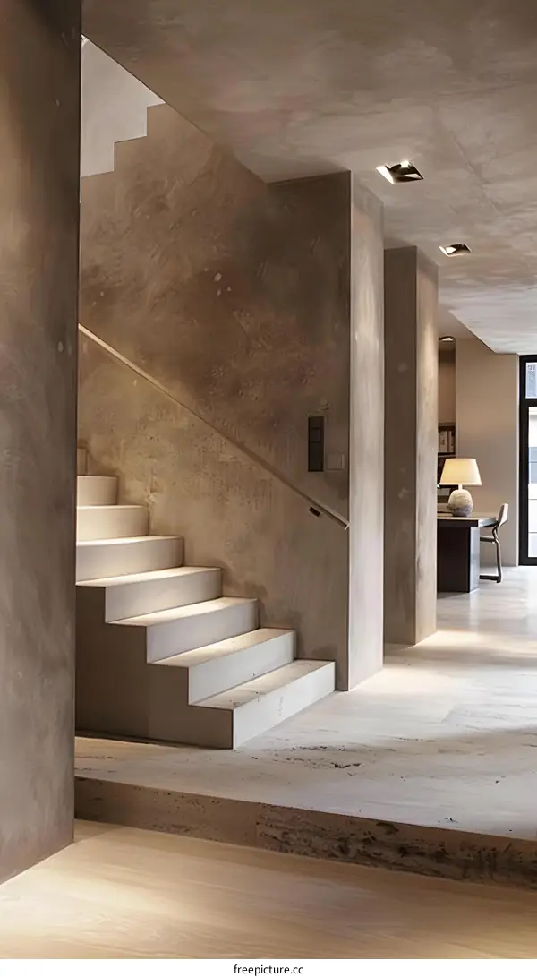 Modern Concrete Staircase and Wooden Floor in Interior Design