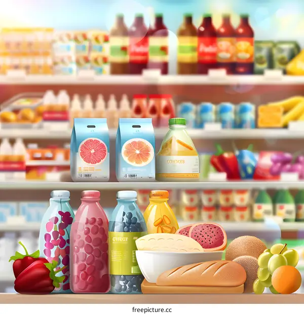 Grocery Store Shelf With Various Food Items