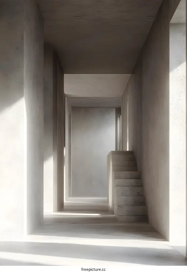 Minimalist Concrete Interior With Staircase And Sunlight