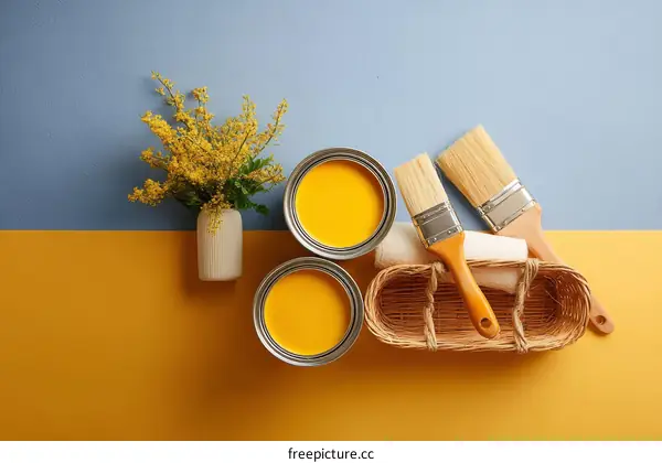 Paint Supplies and Home Decor on a Divided Background