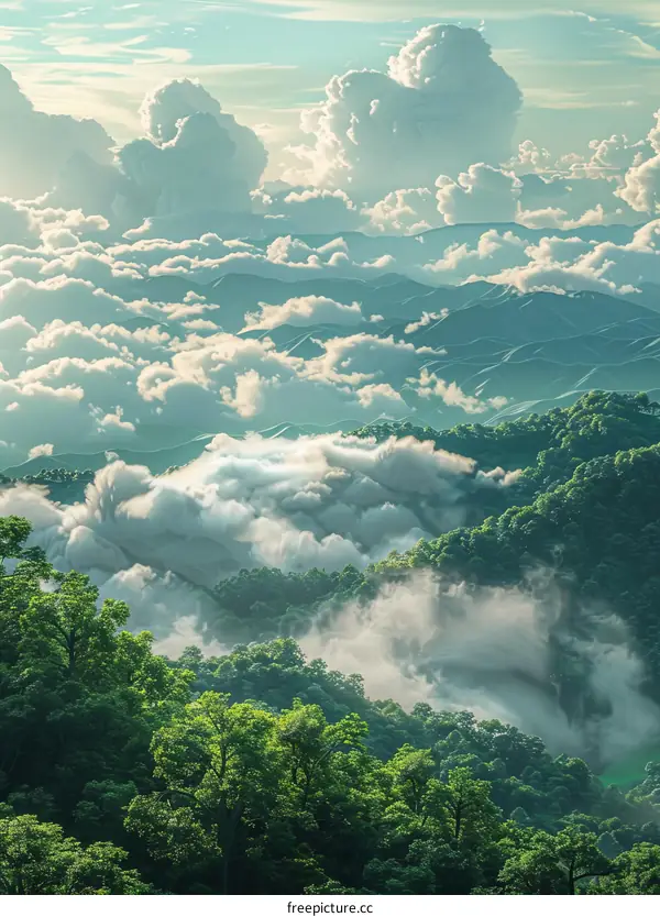 Green mountains and white clouds