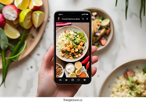 Hand holding a phone taking a photo of a food bowl