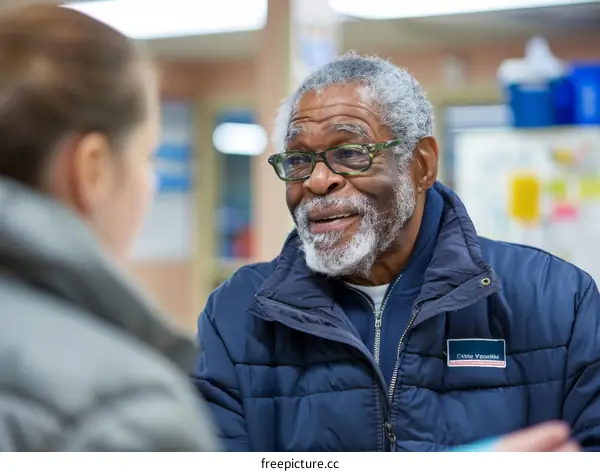 An elderly black man is talking to a person