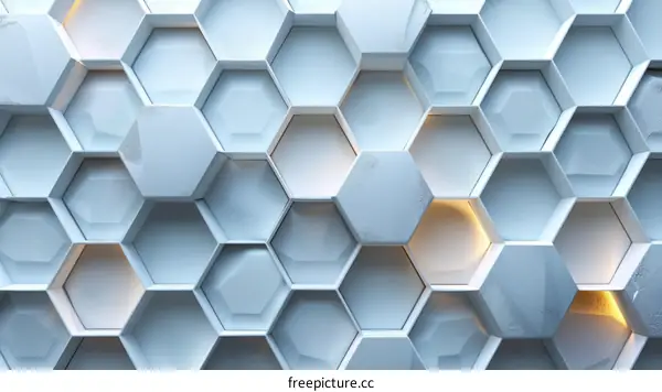 3D rendering of a futuristic honeycomb structure with glowing yellow hexagons