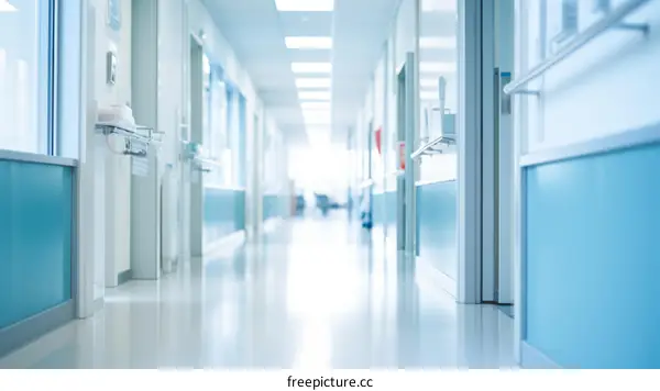 Hospital hallway with blue walls and bright lighting