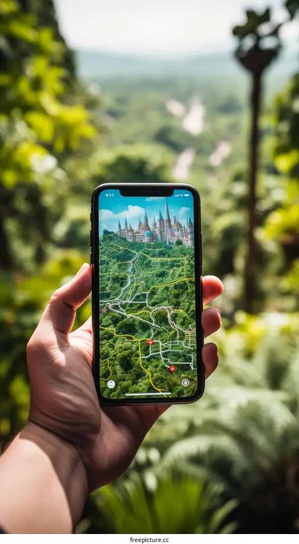 Hand Holding Smartphone with Map of Fantasy Castle on Screen