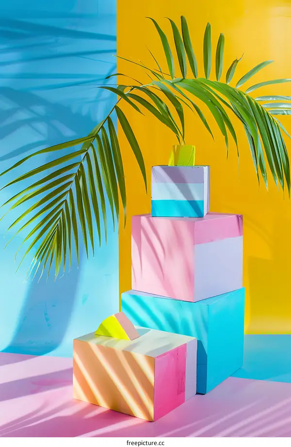 Tropical Palm Leaves With Colorful Blocks  On A Blue And Yellow Background