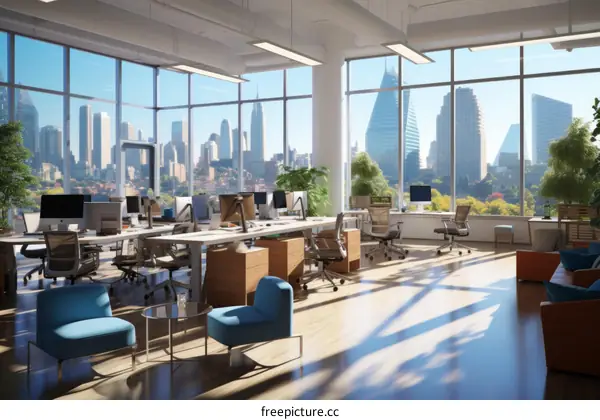 A modern office with a city view