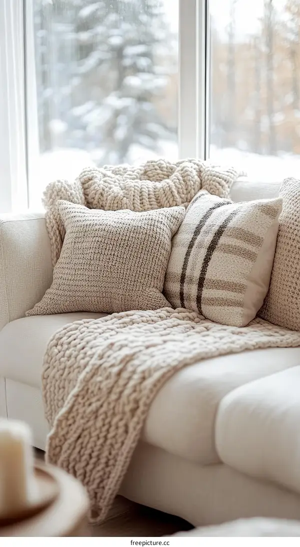 Cozy Winter Sofa Decor with Knitted Throws