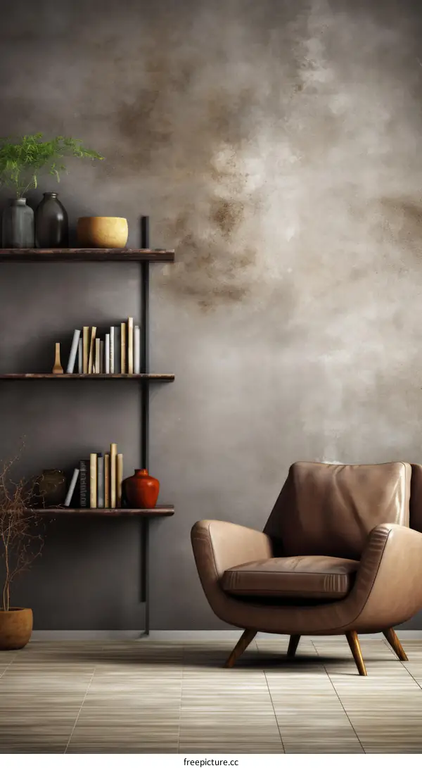 Minimalist living room interior design with brown leather armchair, bookshelves and plants