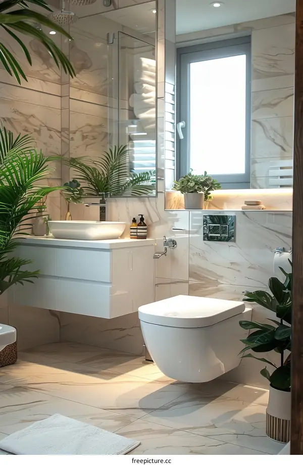 Modern Luxury Bathroom with Marble and Plants
