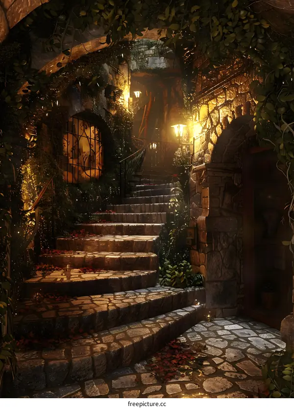 Stone Steps Leading to a Mystical Garden with Glowing Lights and Greenery