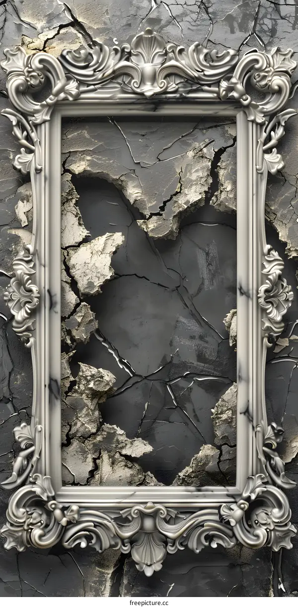 Ornate Silver Frame on Cracked Wall