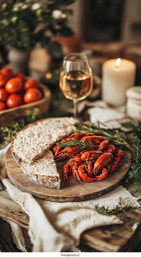 Rustic Table Setting with Bread and Crawfish