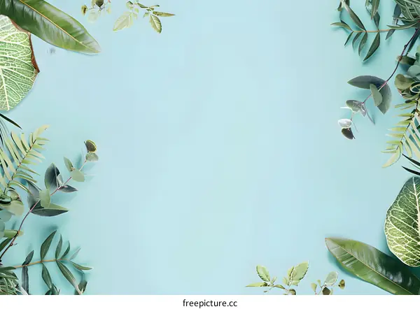 Green Leaves Frame On Blue Background