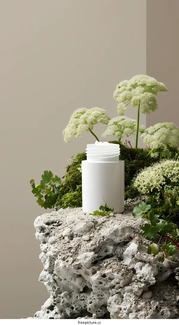 White Cream Jar On Rock With Flowers
