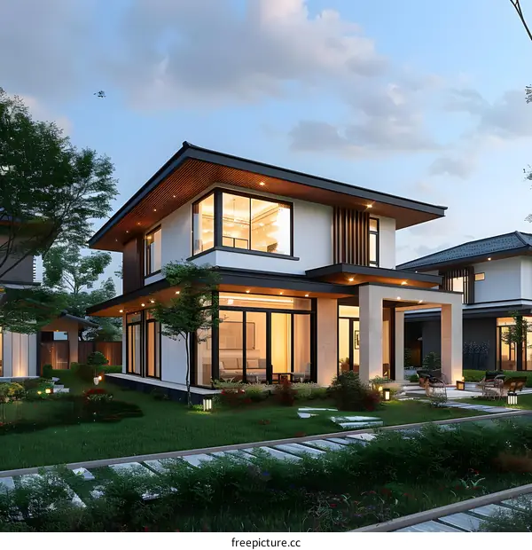 A modern house with a beautiful garden