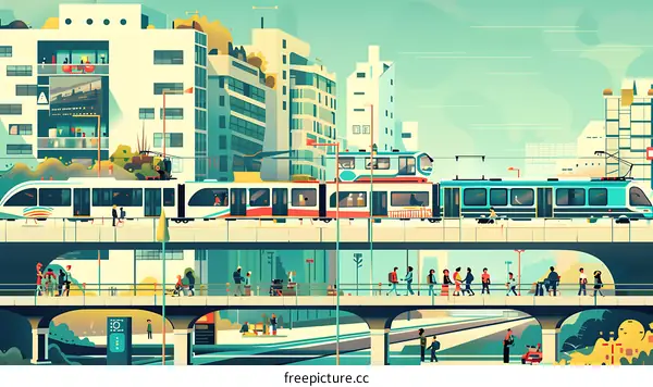 Urban Transportation Illustration with People Walking on a Bridge