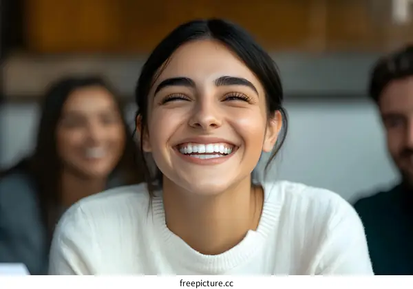 Close Up Portrait of Smiling Young Woman with Friends
