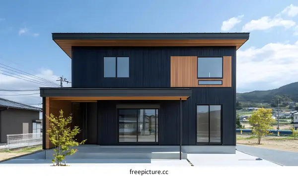 Modern Two Story House with Wooden Accents and a Large Glass Door