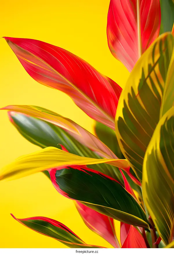 Colorful Tropical Leaves on Yellow Background