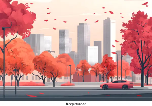 Autumn Cityscape With Red Trees
