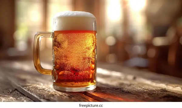 A close up of a glass beer mug on a wooden table with a blurred background