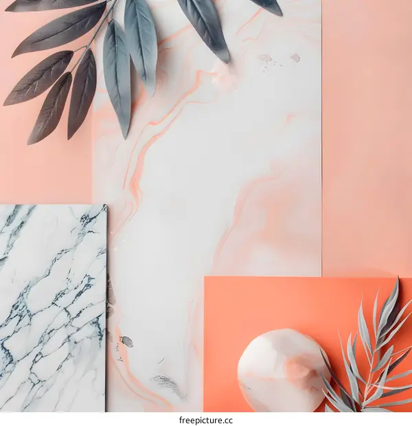 Marble and Green Leaves Abstract Background