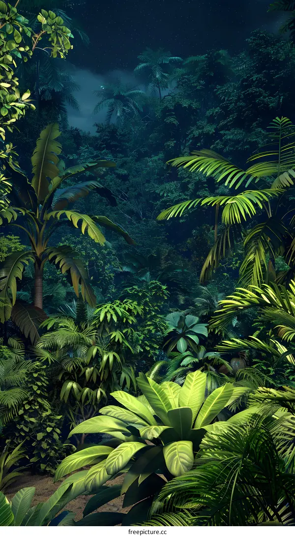Tropical Rainforest Night with Stars and Lush Greenery