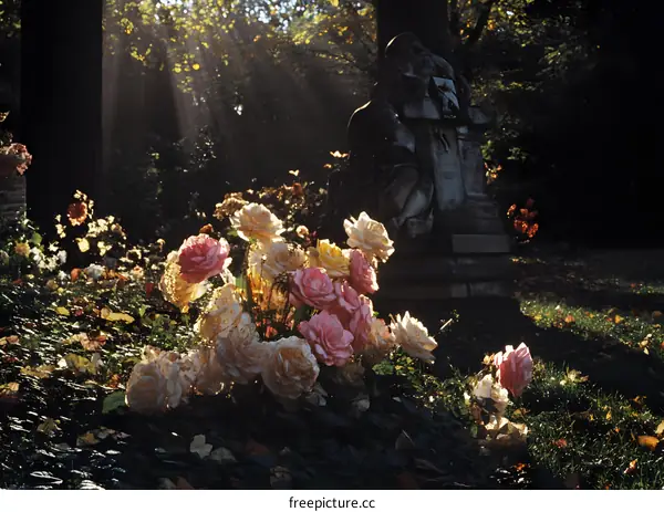 Sunlight Shining Through Trees in a Cemetery