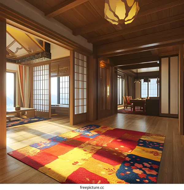 Japanese Style Interior Design Hallway With Sliding Doors And Colorful Rug