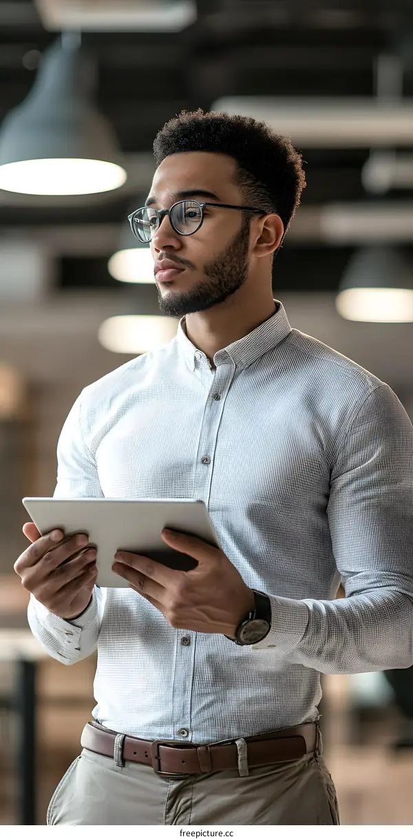 African American Businessman Holding Tablet In Office