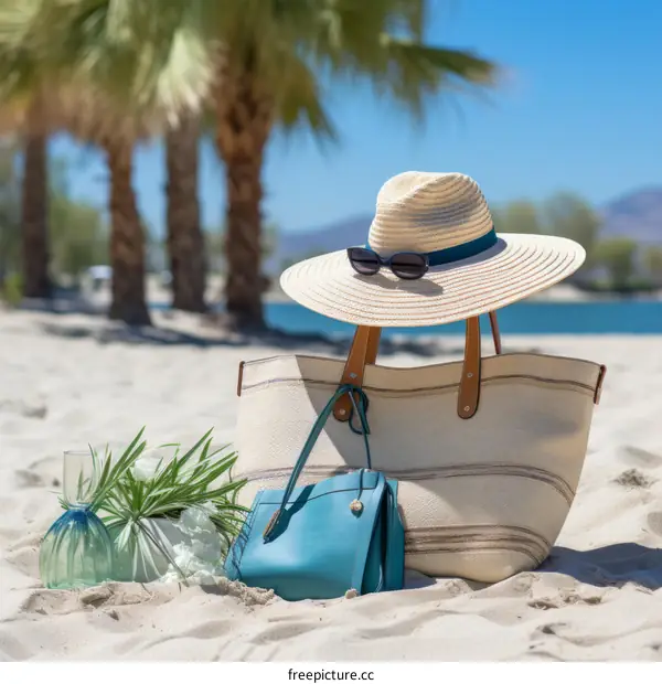 Beach day essentials: straw hat, sunglasses, beach bag, and a good book