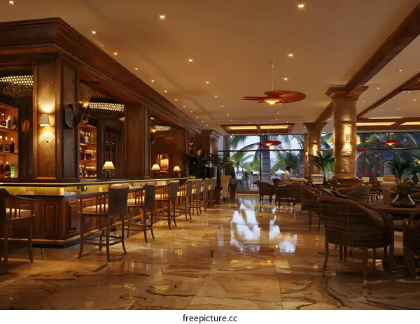 wicker chairs and bar stools in a hotel lobby