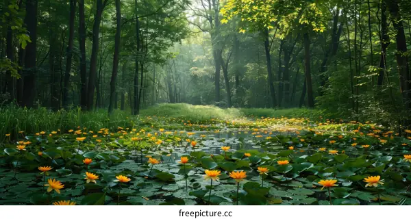 Mystical Forest Pond with Yellow Water Lilies
