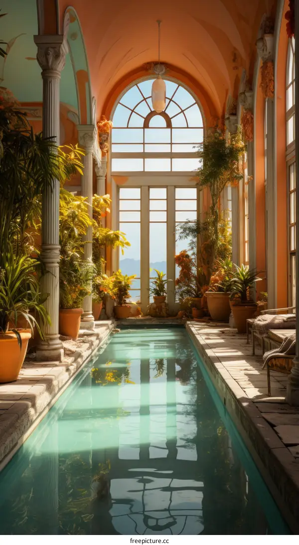Indoor Swimming Pool with Large Windows and Plants