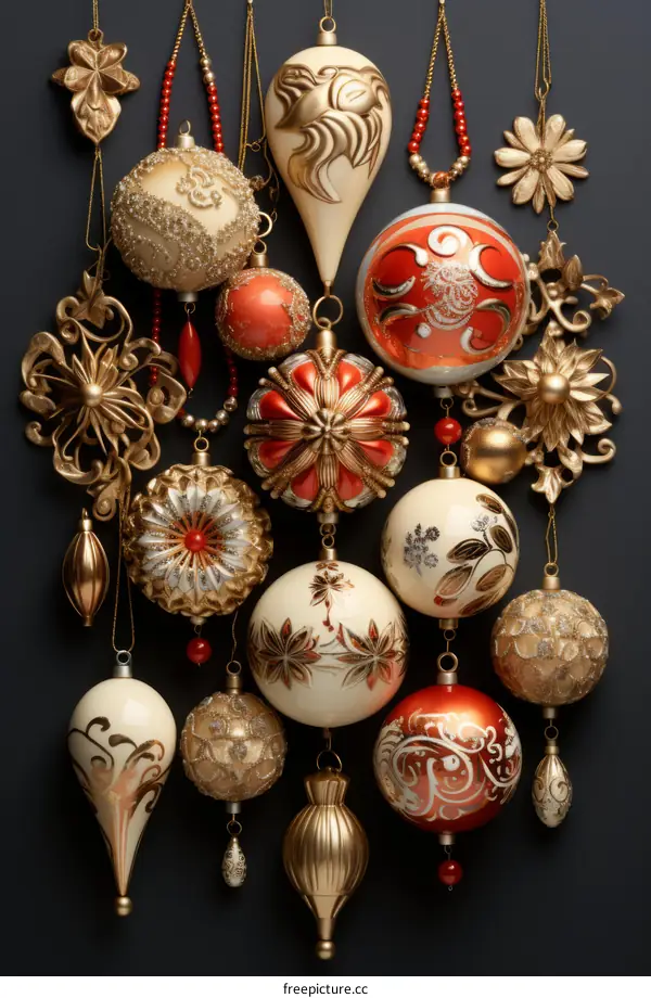 Vintage Christmas ornaments with intricate patterns and gold embellishments hang from strings of beads against a dark background